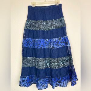 Vintage paneled maxi skirt w/ mixed print and navy lace fully sheer but lined